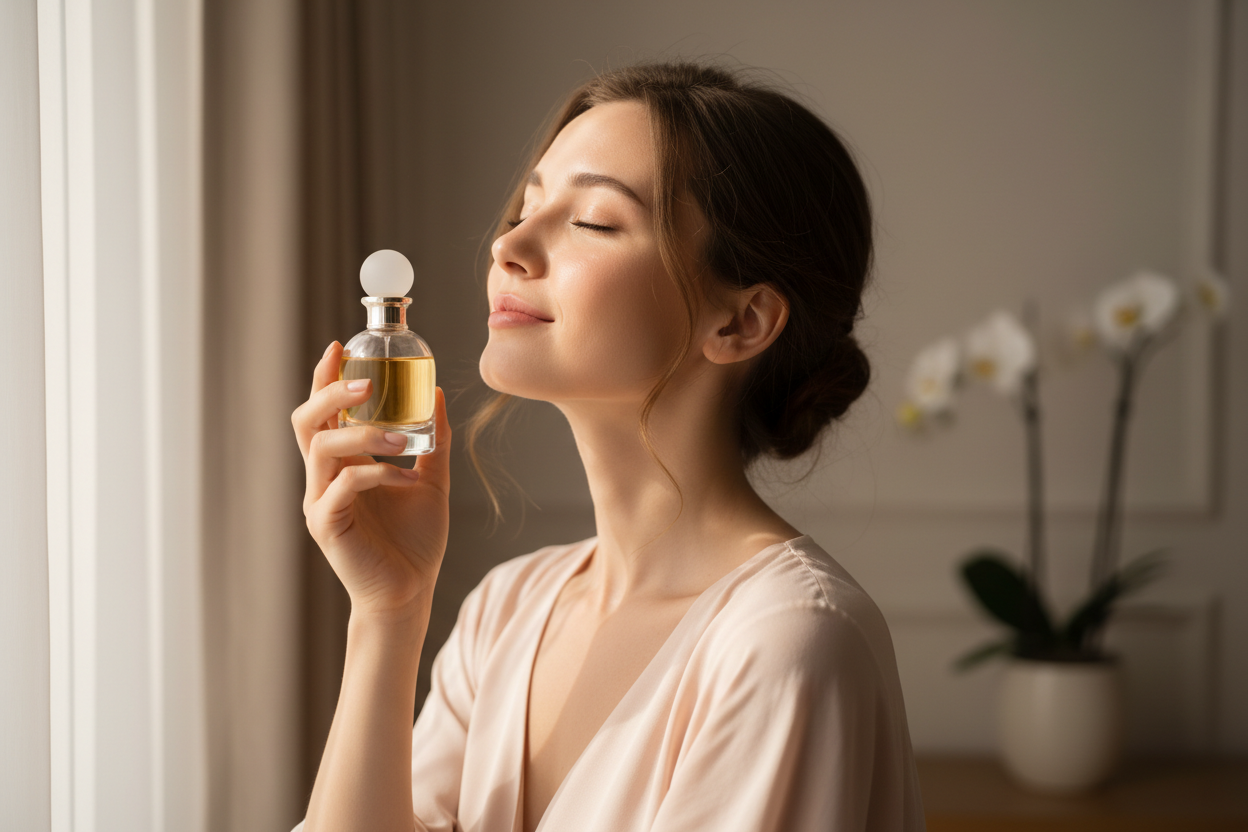 Una mujer joven oliendo un perfume y tiene una expresion plácida y serena